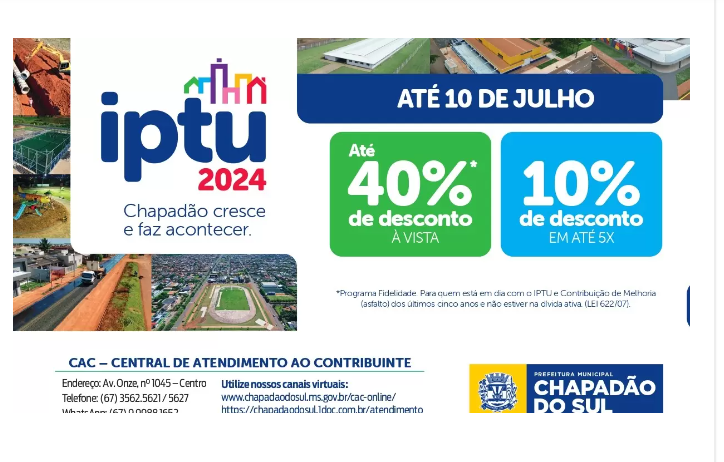 Imagem de compartilhamento para o artigo Servidores podem pagar IPTU 2024 com 13º ou licença prêmio em Chapadão do Sul da MS Todo dia